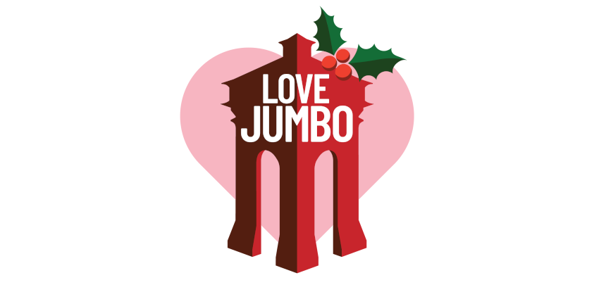 A logo made up of a red tower with a large piece of green holly and red berries on top. The words Love Jumbo are on the tower.